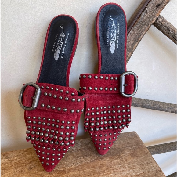 JEFFERY CAMPBELL FREE PEOPLE Shoes Red Studded Fringed Suede Buckle Flats 8.5M - Picture 12 of 12